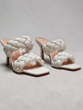 White Braided Heeled Sandals With Square Toe & Slip-On Style